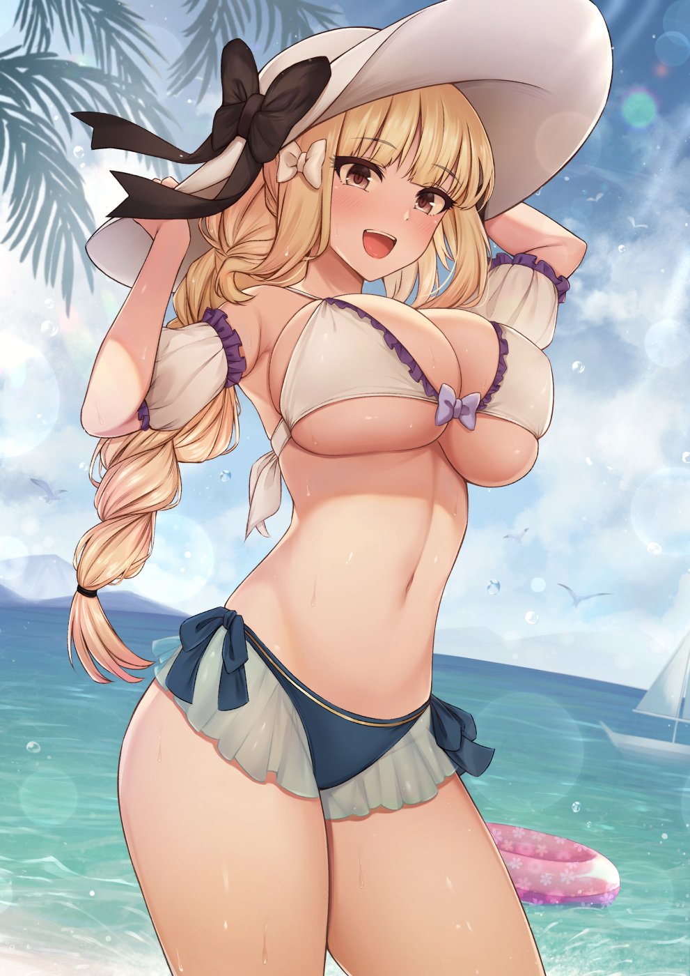 1girl bangs beach bikini bikini_skirt black_bow blonde_hair blue_eyes blush bow braid braided_ponytail breasts commentary_request day eyebrows_visible_through_hair fou_zi groin hair_bow hair_ornament hands_on_headwear hat highres innertube large_breasts long_hair looking_at_viewer navel open_mouth outdoors princess_connect! princess_connect!_re:dive saren_(princess_connect!) skindentation smile solo stomach sun_hat swimsuit thighs