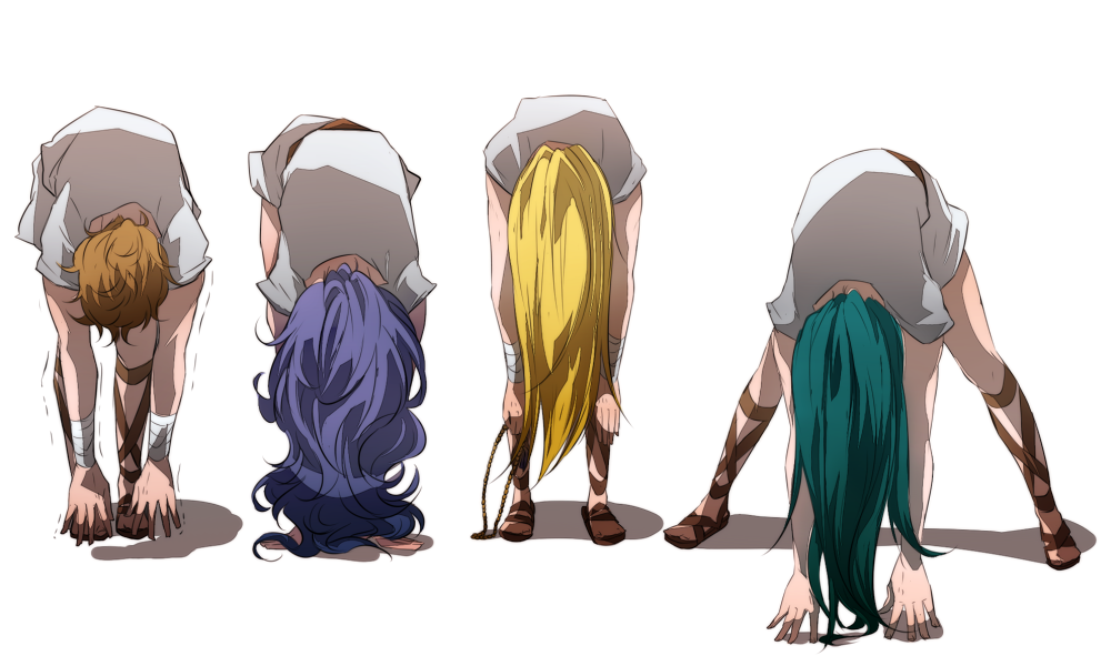 4boys aquarius_camus blonde_hair blue_hair brown_hair greek_clothes green_hair leo_aiolia long_hair prayer_beads saint_seiya scorpio_milo short_hair simple_background stretching virgo_shaka white_background