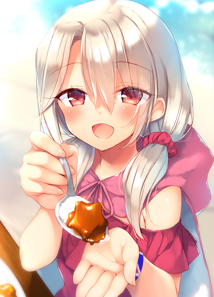1girl :d bangs blurry blurry_background blush casual_one-piece_swimsuit commentary_request curry curry_rice day depth_of_field eyebrows_visible_through_hair fate/grand_order fate_(series) feeding fingernails food frilled_swimsuit frills hair_between_eyes hair_ornament hair_over_shoulder hair_scrunchie hands_up holding holding_spoon illyasviel_von_einzbern illyasviel_von_einzbern_(swimsuit_archer)_(fate) looking_at_viewer low_twintails one-piece_swimsuit open_mouth outdoors pov red_eyes red_scrunchie red_swimsuit rice sazaki_ichiri scrunchie silver_hair smile solo spoon star_(symbol) swimsuit twintails