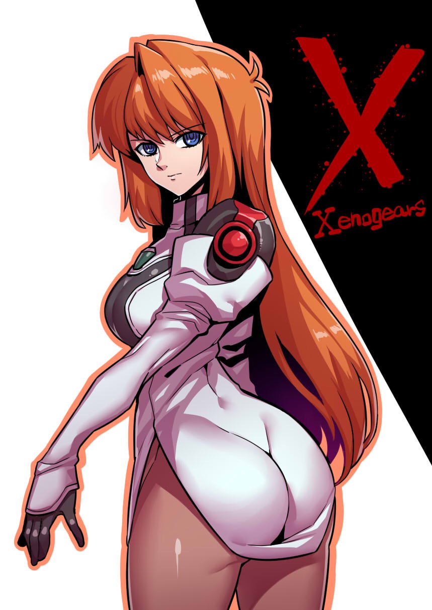 1girl ass blue_eyes breasts closed_mouth elhaym_van_houten gloves highres long_hair looking_at_viewer orange_hair pantyhose ringed_eyes solo tsuki_wani uniform xenogears