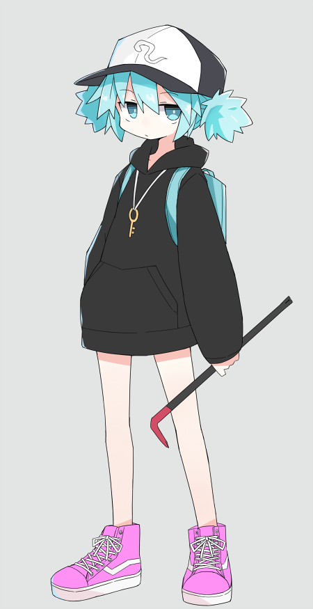 1girl alternate_hairstyle asameshi backpack bag baseball_cap black_headwear black_hoodie blue_eyes blue_hair bright_pupils casual commentary contemporary cross-laced_footwear crowbar full_body grey_background hat holding jitome kawashiro_nitori key long_sleeves looking_at_viewer pink_footwear shoes short_hair short_twintails simple_background sneakers solo touhou twintails white_pupils