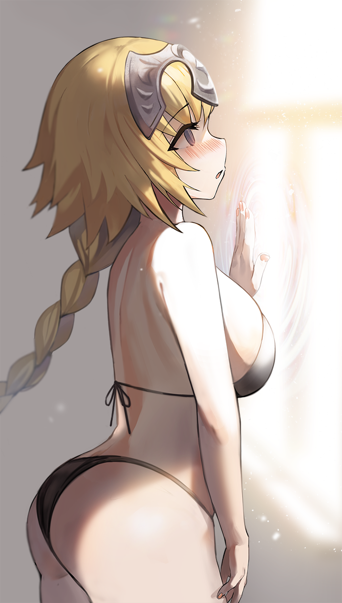 1girl ass bangs black_bra black_panties blonde_hair blurry blurry_background blush bra braid breasts commentary_request depth_of_field eyebrows_visible_through_hair fate/apocrypha fate_(series) from_side grey_eyes hand_up headpiece highres jeanne_d'arc_(fate) jeanne_d'arc_(fate)_(all) large_breasts long_hair looking_away nail_polish nose_blush panties parted_lips pink_nails profile ripples single_braid solo suou-sensei underwear underwear_only very_long_hair