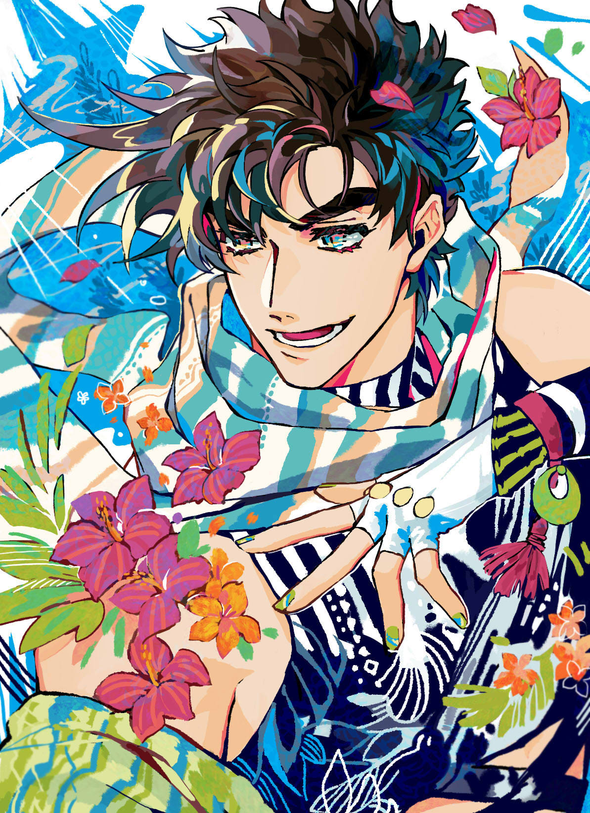 1boy aqua_eyes bare_shoulders battle_tendency blue_theme brown_hair colorful crop_top fingerless_gloves flower gloves hibiscus highres jojo_no_kimyou_na_bouken joseph_joestar_(young) male_focus nail_polish nigelungdayo open_hand open_mouth scarf short_hair sleeveless smile solo spiky_hair striped