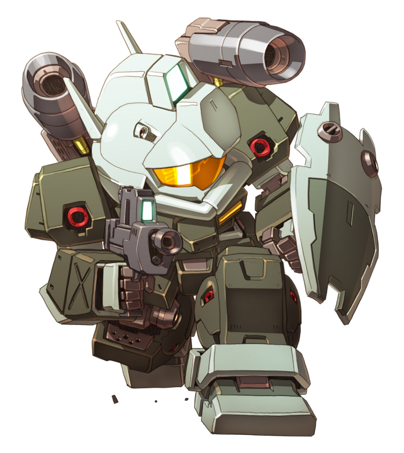 beam_rifle chibi energy_gun gm_cannon_ii gun gundam gundam_0083 holding holding_gun holding_shield holding_weapon looking_to_the_side mecha no_humans shield shoulder_cannon solo susagane visor weapon