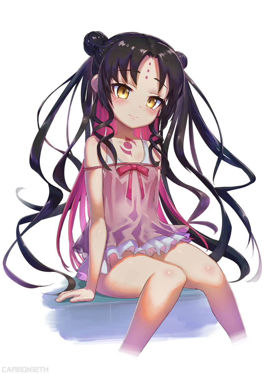 1girl bangs bare_shoulders black_hair blush breasts carbon12th chest_tattoo closed_mouth collarbone double_bun dress_swimsuit facial_mark fate/grand_order fate_(series) forehead_mark forehead_tattoo highres long_hair looking_at_viewer pink_hair pink_swimsuit sesshouin_kiara sesshouin_kiara_(swimsuit_mooncancer)_(fate) sitting smile swimsuit tattoo thighs very_long_hair wavy_hair yellow_eyes younger