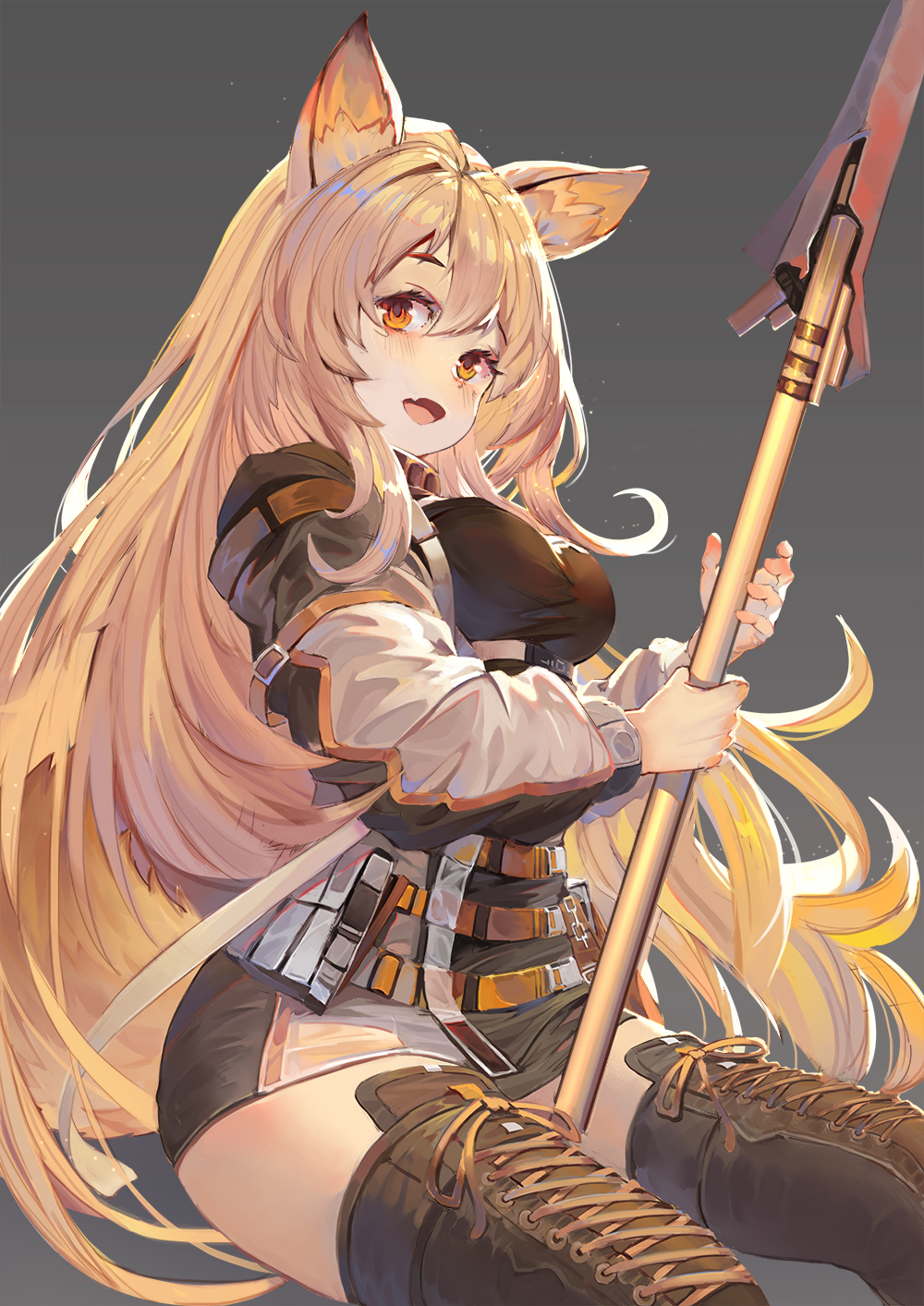 animal_ears arknights belt belt_buckle boots breasts buckle ceobe_(arknights) cross-laced_footwear dog_ears dog_tail dress eyebrows eyelashes fang hair_between_eyes highres holding holding_weapon lace lace-up_boots light_brown_hair long_hair long_sleeves open_mouth orange_eyes polearm puffy_sleeves short_dress simple_background skin_fang spear tail thigh-highs thigh_boots weapon xiao_feng