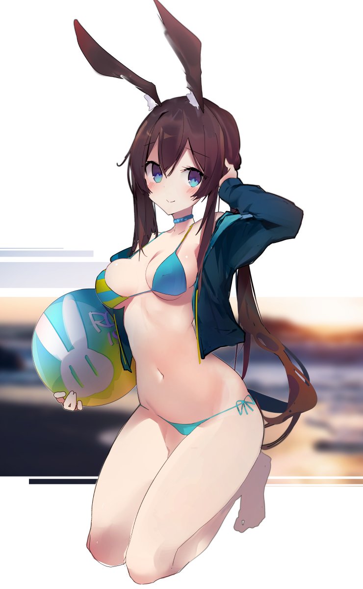 1girl amiya_(arknights) animal_ears arknights ball bare_shoulders beach beachball bikini blue_bikini blue_eyes blush breasts breasts_apart brown_hair choker commentary_request harenchi highres holding holding_ball holding_beachball jacket long_hair medium_breasts rabbit_ears side-tie_bikini sitting smile solo swimsuit two-tone_bikini wariza