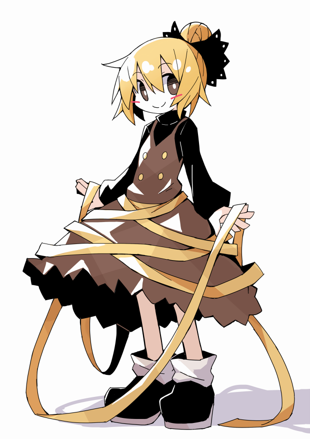 1girl asameshi black_bow black_footwear black_shirt blonde_hair blush_stickers bow bright_pupils brown_dress brown_eyes commentary dress full_body hair_bow hair_bun kurodani_yamame long_sleeves looking_at_viewer loose_socks shirt shoes smile solo touhou white_background white_legwear white_pupils