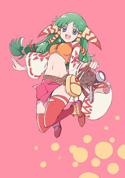 1girl blue_eyes breasts feena_(grandia) grandia grandia_i green_eyes green_hair hair_ornament hair_tubes jewelry long_hair looking_at_viewer low-tied_long_hair midriff navel necklace ninagawa_yaeko open_mouth skirt smile solo thigh-highs wide_sleeves