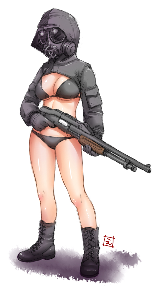 1girl ankle_boots bikini black_bikini black_footwear boots breasts cross-laced_footwear ebifly full_body gas_mask gun holding holding_gun holding_weapon hood large_breasts original shotgun shrug_(clothing) signature simple_background solo swimsuit trigger_discipline weapon white_background