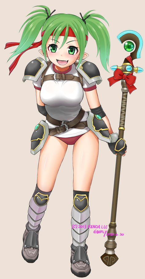 1girl :d armor belt black_gloves boots breasts buruma dated ebifly fang fingerless_gloves full_body gloves green_eyes green_hair grey_background headband holding holding_staff knee_boots large_breasts leaning_forward looking_at_viewer metal_boots open_mouth pointy_ears raichi_(sennen_sensou_aigis) red_buruma sennen_sensou_aigis shirt shoulder_armor signature smile solo spaulders staff twintails white_shirt