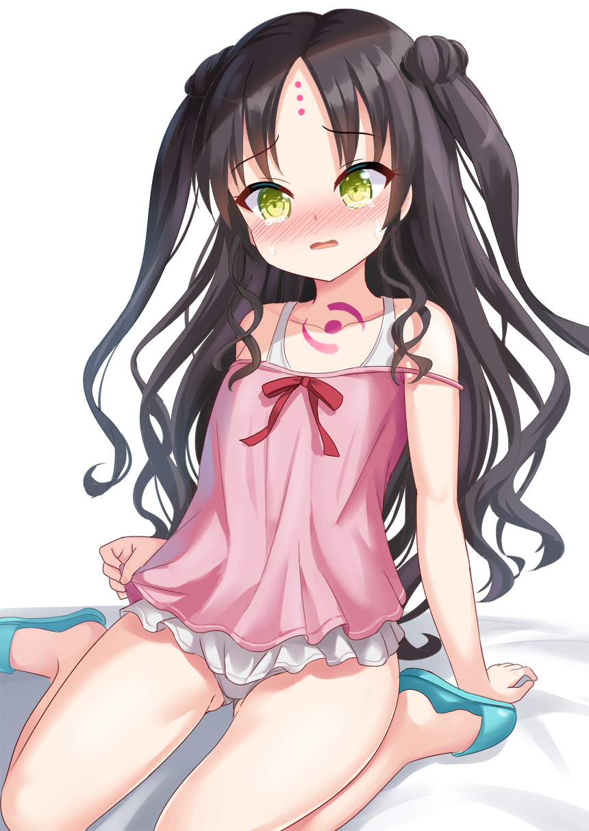 1girl ass_visible_through_thighs bangs bare_arms bare_shoulders black_hair blush collarbone crying embarrassed facial_mark fate/grand_order fate_(series) fishine flat_chest forehead_mark green_eyes hand_on_ground highres long_hair looking_at_viewer nose_blush open_mouth panties parted_bangs red_ribbon ribbon seiza sesshouin_kiara sesshouin_kiara_(swimsuit_mooncancer)_(fate) shimokirin sitting solo tears two_side_up underwear younger