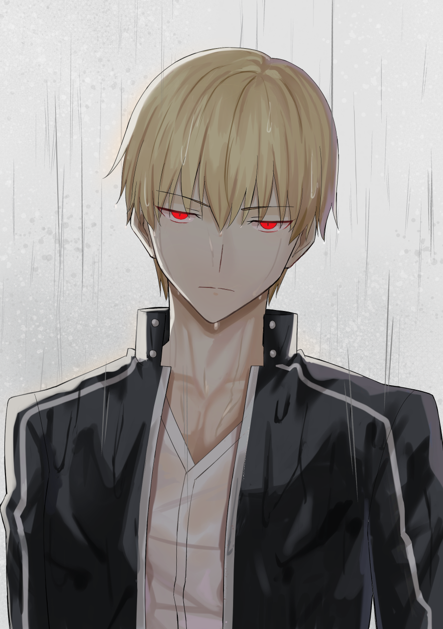 1boy bangs black_jacket blonde_hair closed_mouth collarbone dress_shirt eyebrows_visible_through_hair fate/stay_night fate_(series) frown gilgamesh grey_background hair_between_eyes highres jacket looking_at_viewer male_focus outdoors rain red_eyes shirt slit_pupils solo wet wet_hair white_shirt x_key_s