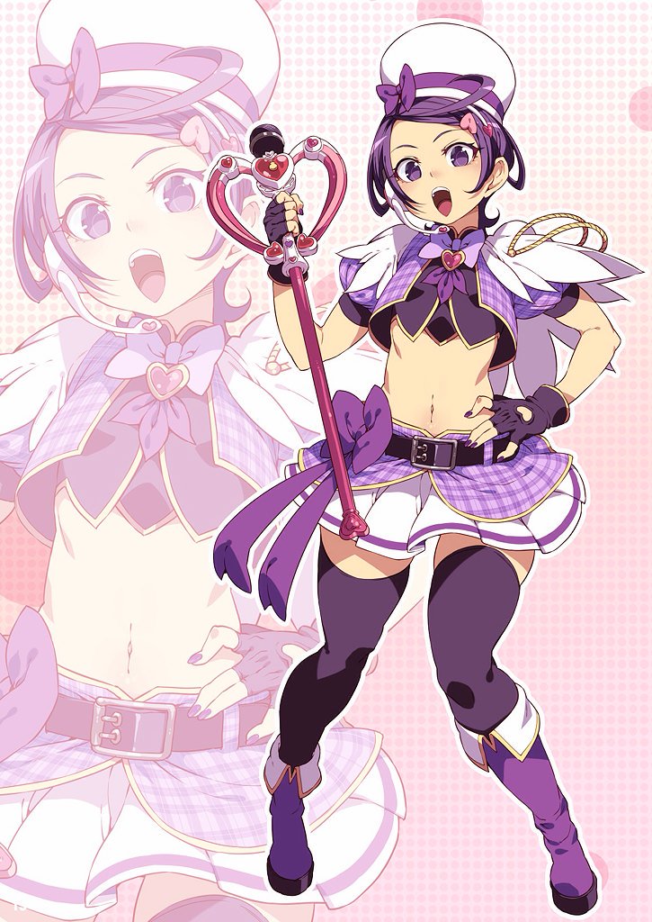 1girl :d belt boots bow bowtie brooch cropped_jacket cropped_shirt dokidoki!_precure fingerless_gloves fingernails gloves hair_ornament hairclip hand_on_hip holding holding_microphone holding_wand jacket jewelry kenzaki_makoto layered_skirt looking_at_viewer microphone midriff nail_polish navel open_clothes open_jacket open_mouth pleated_skirt precure puffy_short_sleeves puffy_sleeves purple_footwear purple_hair purple_legwear purple_nails purple_neckwear short_sleeves skirt smile solo tasaka_shinnosuke thigh-highs violet_eyes wand white_skirt zoom_layer