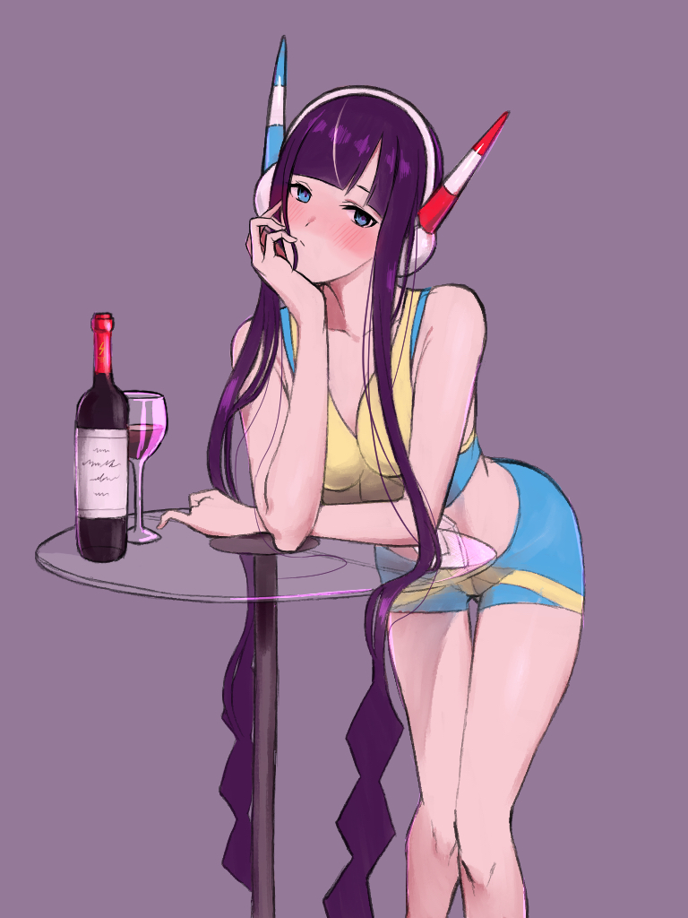 1girl alcohol bangs bare_arms blue_eyes blunt_bangs blush bottle closed_mouth collarbone commentary_request cup drinking_glass eyelashes glass_table gym_leader head_on_hand headphones kamitsure_(pokemon) knees leaning_forward looking_at_viewer nishikino_kee pokemon pokemon_(game) pokemon_bw2 purple_background purple_hair short_hair_with_long_locks simple_background solo table wine wine_bottle wine_glass