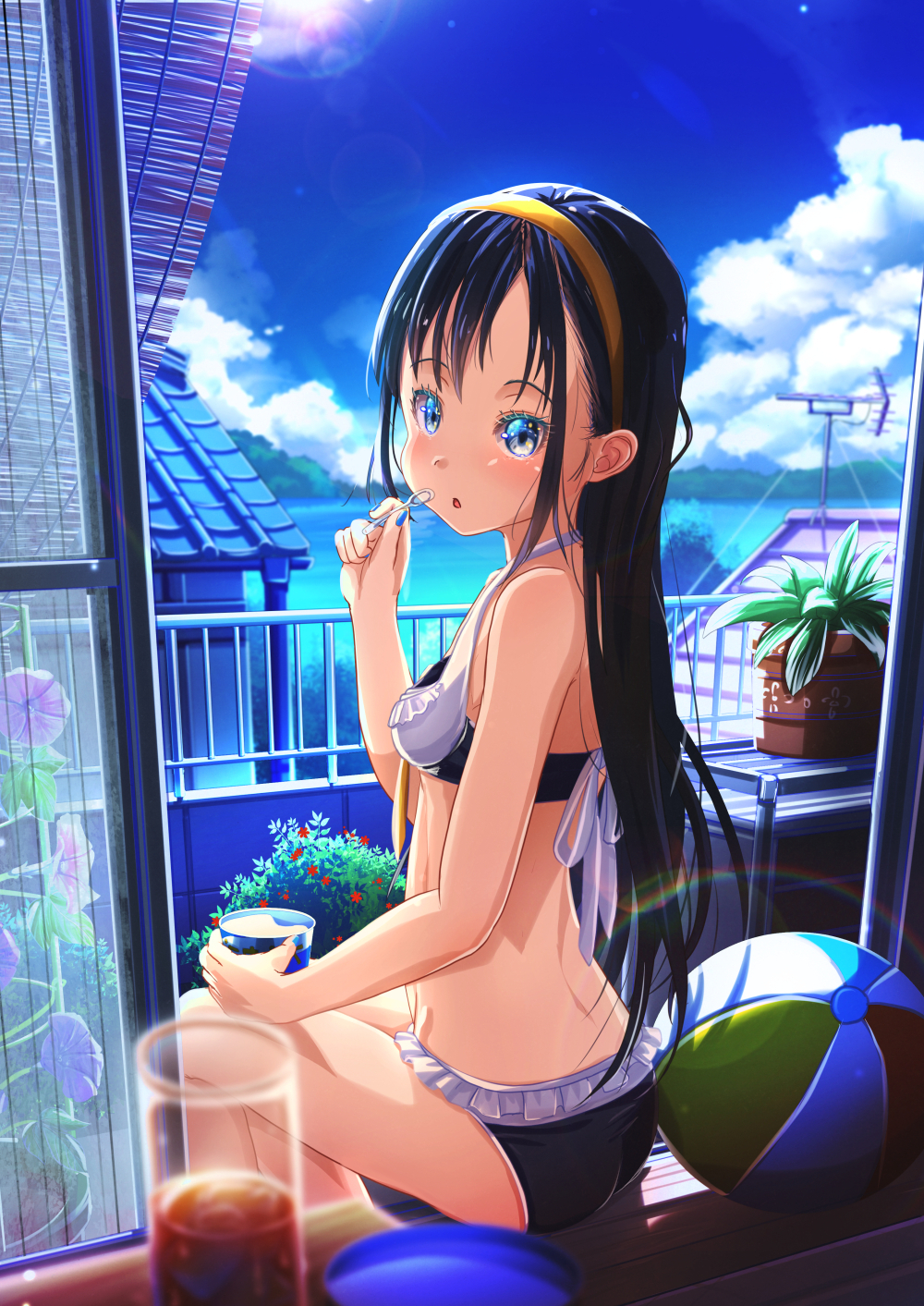 1girl :o abo_(kawatasyunnnosukesabu) ball bangs beachball bikini black_hair blue_eyes blue_nails breasts clouds commentary_request cup day drinking_glass flower food frilled_bikini frills hairband halterneck highres holding holding_spoon ice_cream long_hair looking_at_viewer looking_back morning_glory nail_polish original plant potted_plant radio_antenna sidelocks sitting small_breasts solo spoon swimsuit