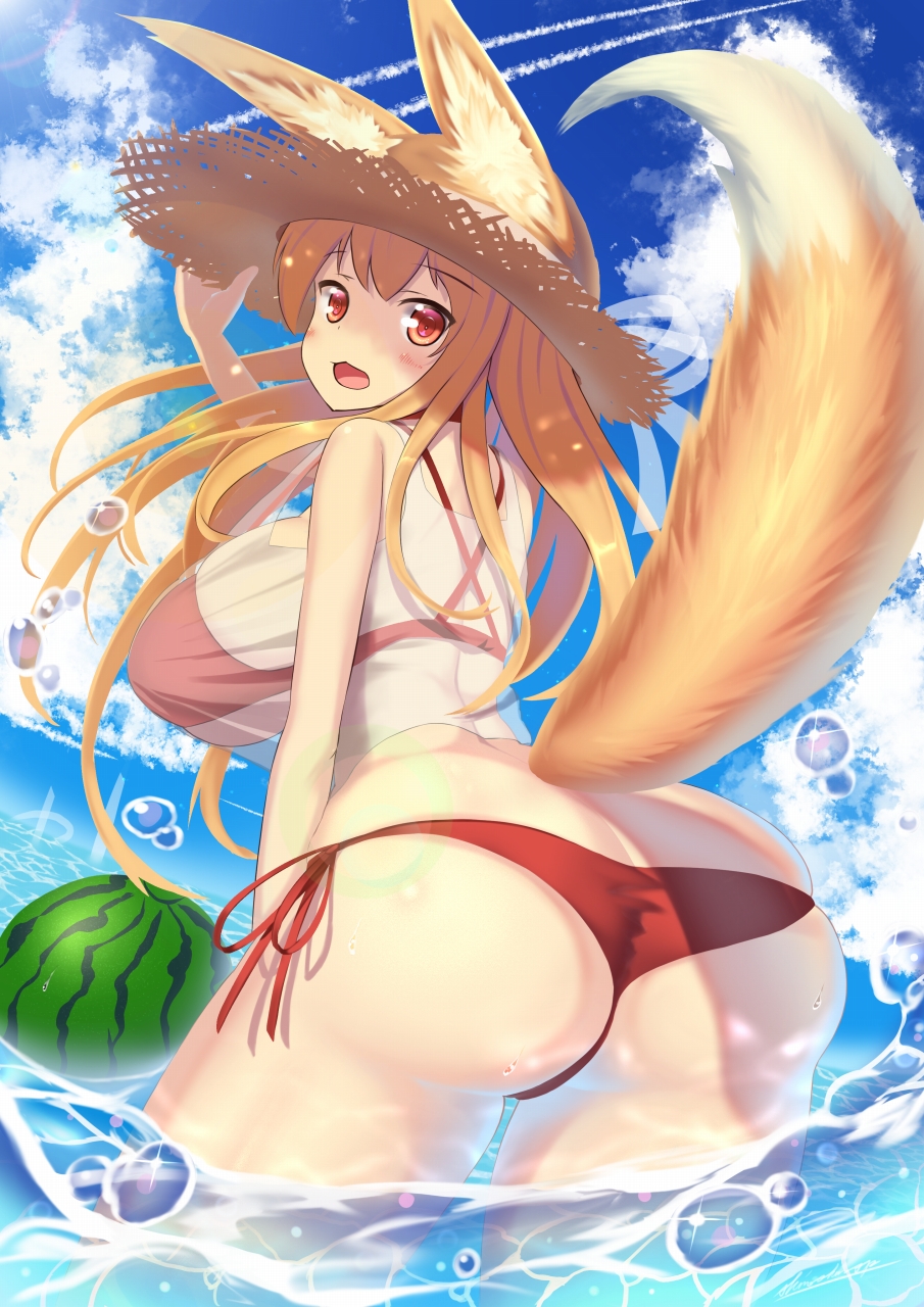 1girl animal_ears ass bikini blonde_hair blush breasts dutch_angle ears_through_headwear food fox_ears fox_tail from_behind fruit hat highres huge_breasts long_hair looking_back ocean original red_bikini red_eyes see-through shinoshinosp side-tie_bikini solo straw_hat swimsuit tail tank_top wading water watermelon