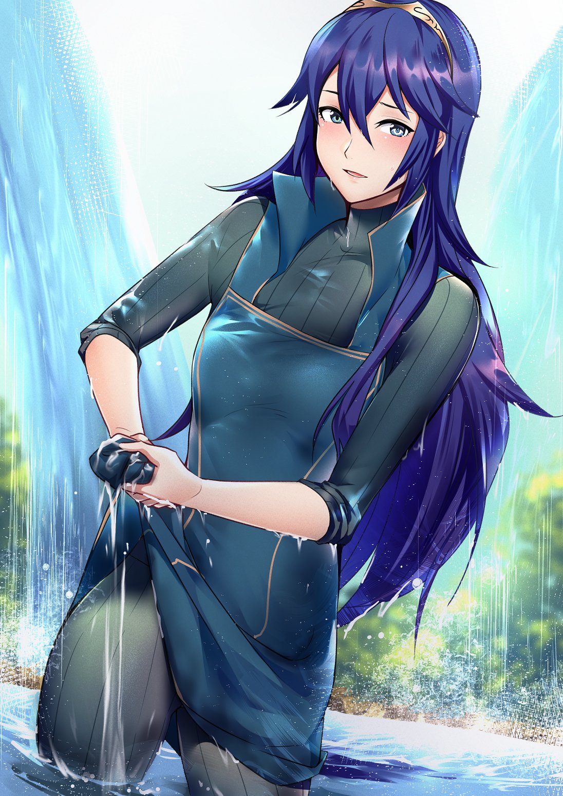 1girl ameno_(a_meno0) black_sweater blue_eyes blue_hair blush day dress fire_emblem fire_emblem_awakening hair_between_eyes highres long_hair looking_at_viewer lucina lucina_(fire_emblem) open_mouth parted_lips ribbed_sweater solo sweater tiara turtleneck turtleneck_sweater water wet wet_clothes wet_dress wet_hair wringing wringing_clothes wringing_dress