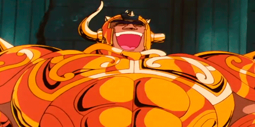 1boy 80s anime armor broken_horn full_armor golden_armor helmet laughing laughing male muscle saint_seiya solo taurus_aldebaran vintage