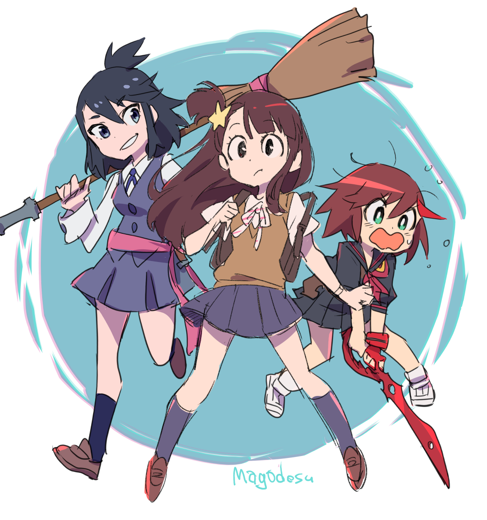 3girls black_hair black_skirt blue_skirt brown_hair company_connection cosplay costume_switch crossover embarrassed hair_ornament kagari_atsuko kagari_atsuko_(cosplay) kill_la_kill little_witch_academia looking_to_the_side luluco luluco_(cosplay) mago matoi_ryuuko matoi_ryuuko_(cosplay) multiple_crossover multiple_girls open_mouth school_uniform scissor_blade senketsu side_ponytail skirt star_(symbol) star_hair_ornament uchuu_patrol_luluco