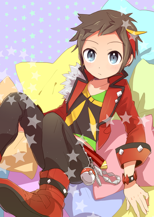 1boy belt blush boots bracelet brendan_(pokemon) brown_hair closed_mouth commentary_request cushion grey_eyes hair_ribbon jacket jewelry looking_at_viewer male_focus niimura_(csnel) open_clothes open_jacket pants pokemon pokemon_(game) pokemon_oras red_footwear red_ribbon ribbon shirt short_hair sleeves_rolled_up solo star_(symbol)