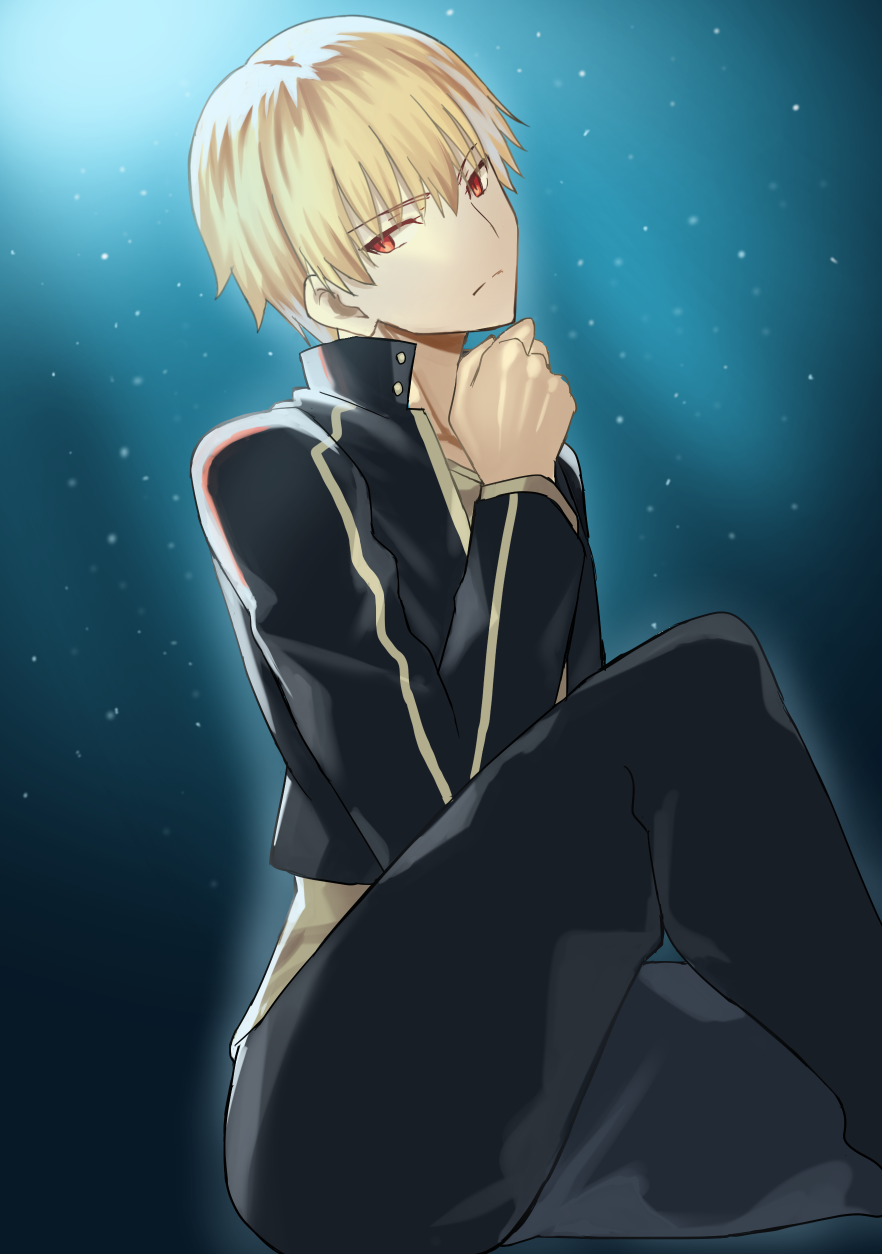 1boy bangs black_jacket black_pants blonde_hair blue_background closed_mouth eyebrows_visible_through_hair fate/stay_night fate_(series) frown gilgamesh hair_between_eyes highres jacket long_sleeves looking_at_viewer male_focus pants red_eyes shirt sitting solo white_shirt x_key_s