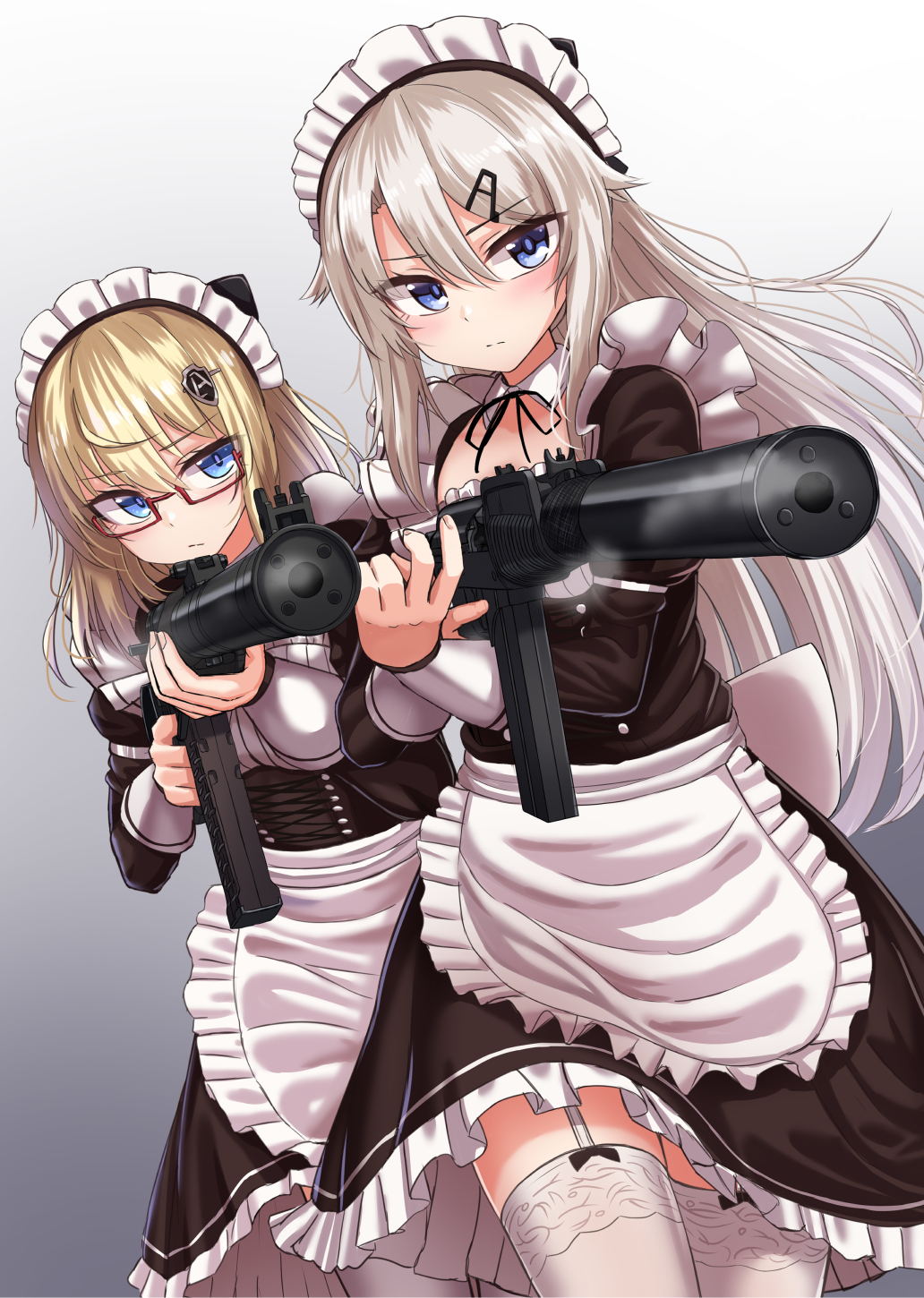 2girls 9a-91 9a-91_(girls_frontline) aiming apron as_val as_val_(girls_frontline) assault_rifle black_dress blonde_hair blue_eyes closed_mouth dress finger_on_trigger frilled_dress frills garter_straps girls_frontline glasses gradient gradient_background gun hair_between_eyes hair_ornament highres holding holding_gun holding_weapon long_sleeves looking_at_viewer maid maid_apron maid_headdress multiple_girls red-framed_eyewear rifle silver_hair smoke thigh-highs waist_apron weapon white_legwear yakob_labo
