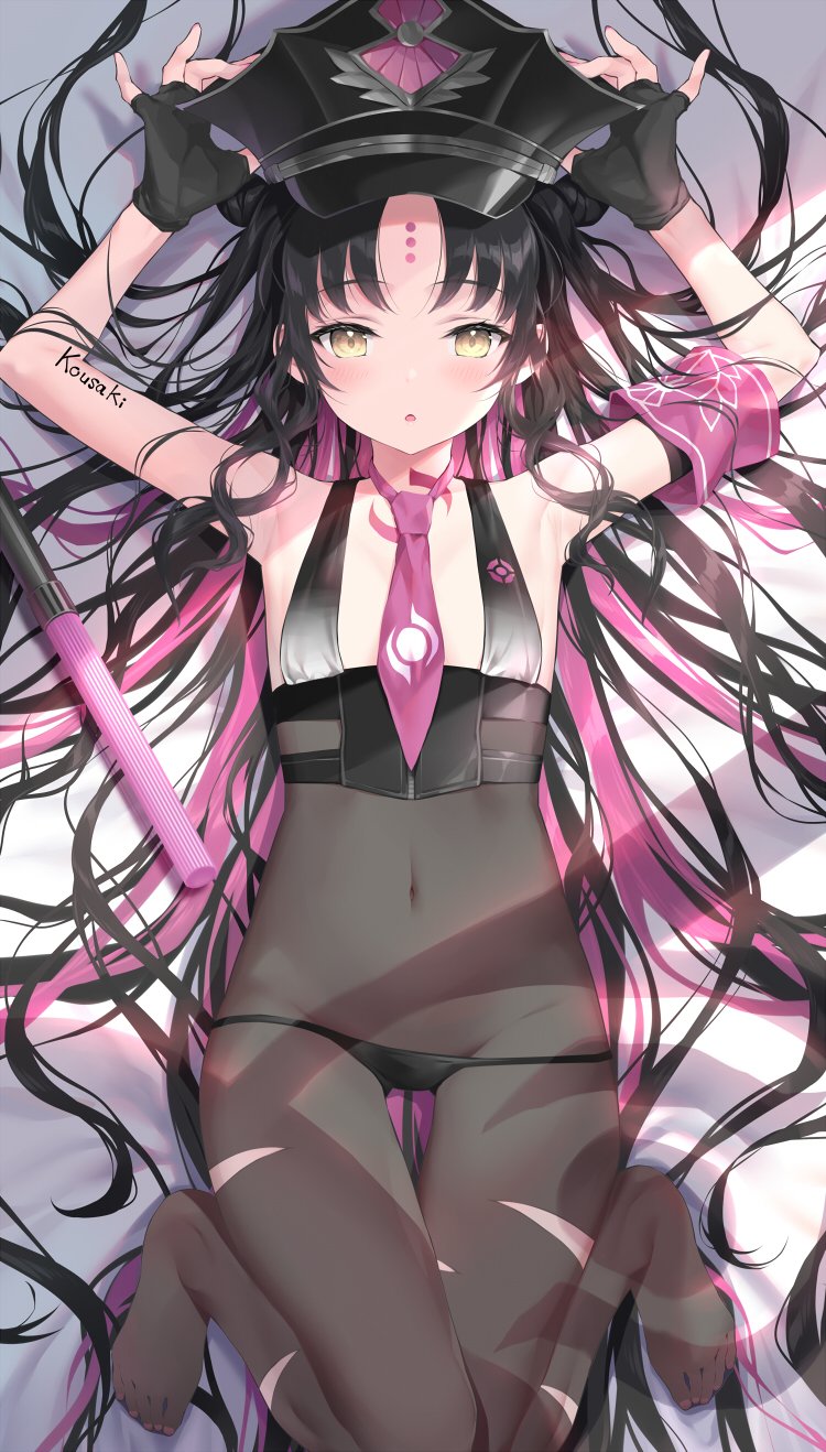 1girl :o armband armpits arms_up artist_name bangs bare_shoulders black_gloves black_hair black_headwear black_panties blush breasts clothing_request collarbone commentary_request double_bun facial_mark fate/grand_order fate_(series) fingerless_gloves flat_chest forehead_mark from_above gloves groin hands_on_headwear hat highres knees_up kousaki_rui long_hair looking_at_viewer lying multicolored_hair navel necktie no_shoes on_back open_mouth panties pantyhose parted_bangs pink_hair pink_neckwear sesshouin_kiara solo stomach tagme thigh_gap toes two-tone_hair two_side_up underwear very_long_hair yellow_eyes