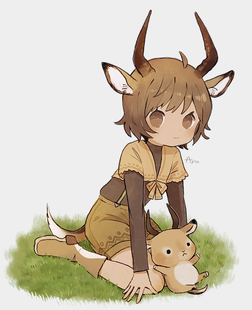 1girl animal_ears ankle_boots ayu_(mog) blush boots bow bright_pupils brown_bow brown_eyes brown_footwear brown_hair brown_shorts closed_mouth full_body gazelle_ears gazelle_horns gazelle_tail grass long_sleeves looking_at_viewer original short_hair short_over_long_sleeves short_sleeves shorts signature simple_background sitting solo stuffed_animal stuffed_toy wariza white_background