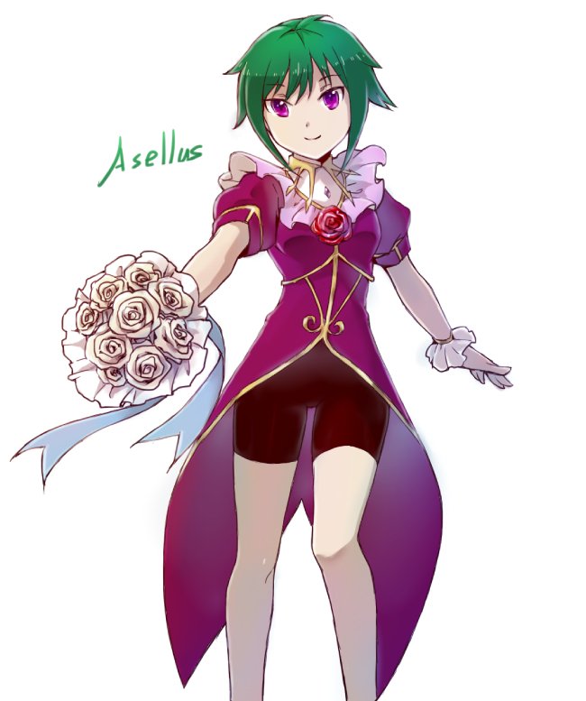 1girl asellus_(saga_frontier) breasts closed_mouth dress flower green_hair looking_at_viewer red_flower red_rose rose saga saga_frontier short_hair simple_background smile solo surume_(surume_8738) white_background white_flower