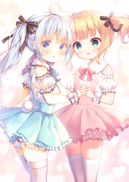 2girls :o bangs blonde_hair blue_eyes blue_hair blue_skirt blush bow bunny_tail chitosezaka_suzu collared_shirt commentary_request detached_sleeves eyebrows_visible_through_hair frilled_shirt_collar frilled_skirt frills gochuumon_wa_usagi_desu_ka? green_eyes holding_hands interlocked_fingers kafuu_chino kirima_sharo long_hair looking_at_viewer multiple_girls open_mouth pink_bow pink_skirt pleated_skirt puffy_short_sleeves puffy_sleeves shirt short_sleeves sidelocks skirt sleeveless sleeveless_shirt suspender_skirt suspenders tail thigh-highs twintails very_long_hair white_legwear white_shirt white_sleeves wrist_cuffs