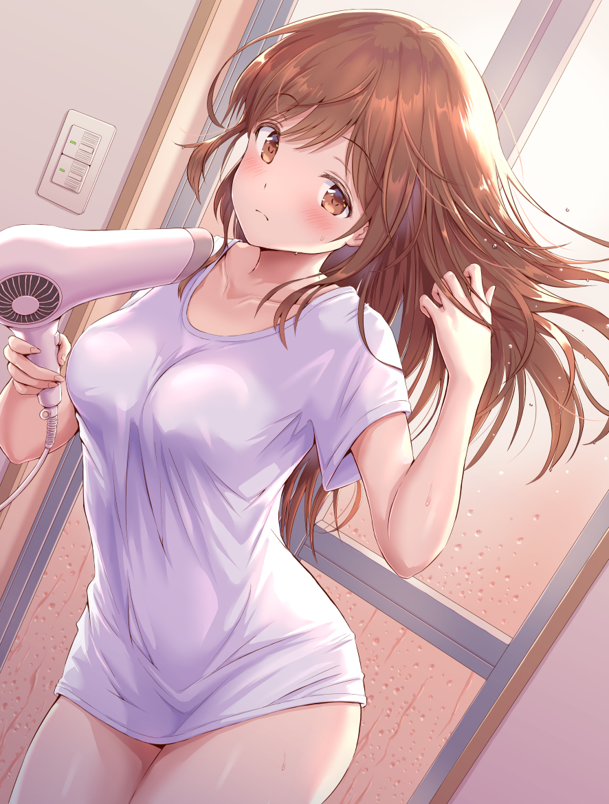 1girl bangs blush breasts brown_eyes brown_hair closed_mouth collarbone commentary_request cowboy_shot drying drying_hair dutch_angle eyebrows_visible_through_hair hair_dryer hirokazu_(analysis-depth) holding indoors io_(princess_connect!) io_(real)_(princess_connect!) light_switch long_hair medium_breasts no_pants princess_connect! princess_connect!_re:dive shirt short_sleeves solo thighs water white_shirt