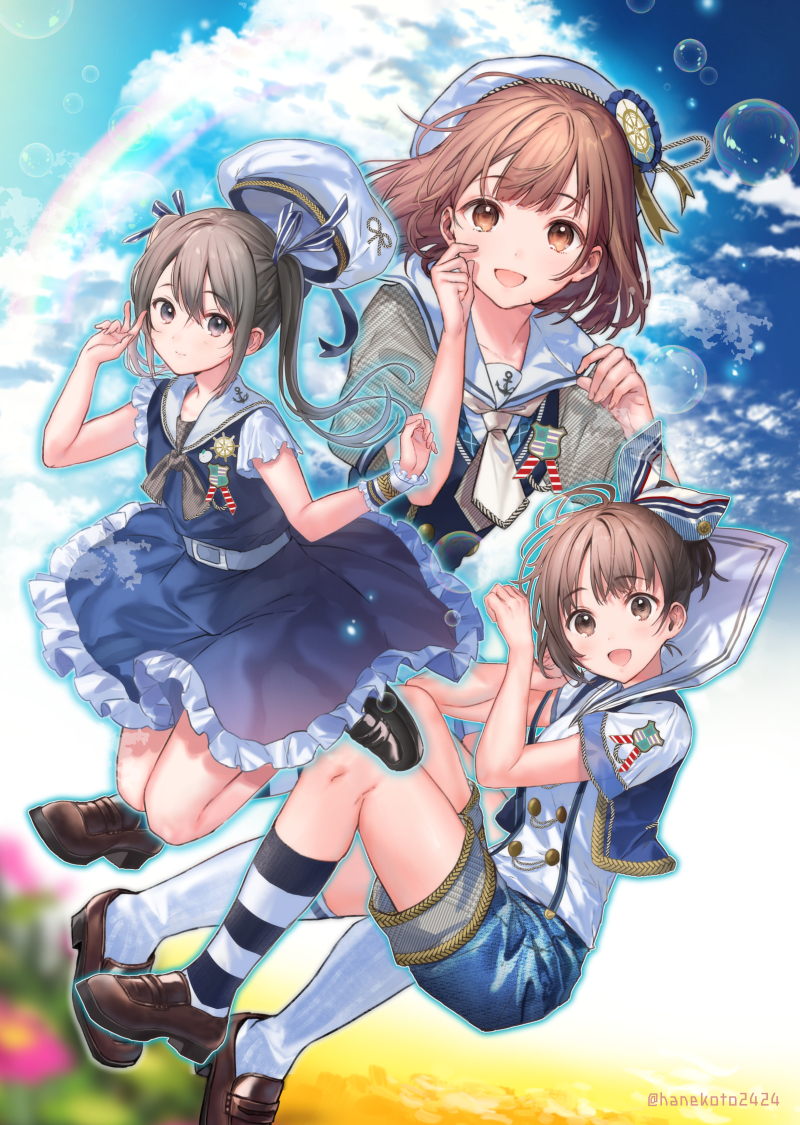 3girls :d anchor_print badge beret brown_eyes brown_footwear brown_hair bubble clouds commentary_request doukyuusei_(hanekoto) dress hanekoto happy_tears hat hat_removed headwear_removed imouto_(hanekoto) loafers multiple_girls open_mouth original osananajimi_(hanekoto) rainbow sailor_collar sailor_dress ship's_wheel shoes short_sleeves shorts sky smile socks striped striped_legwear tearing_up tears white_headwear white_legwear