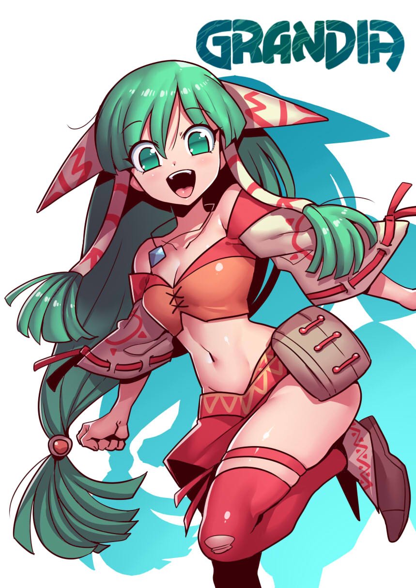 1girl breasts feena_(grandia) grandia grandia_i green_eyes green_hair hair_ornament hair_tubes highres long_hair looking_at_viewer low-tied_long_hair midriff navel open_mouth smile solo thigh-highs tsuki_wani