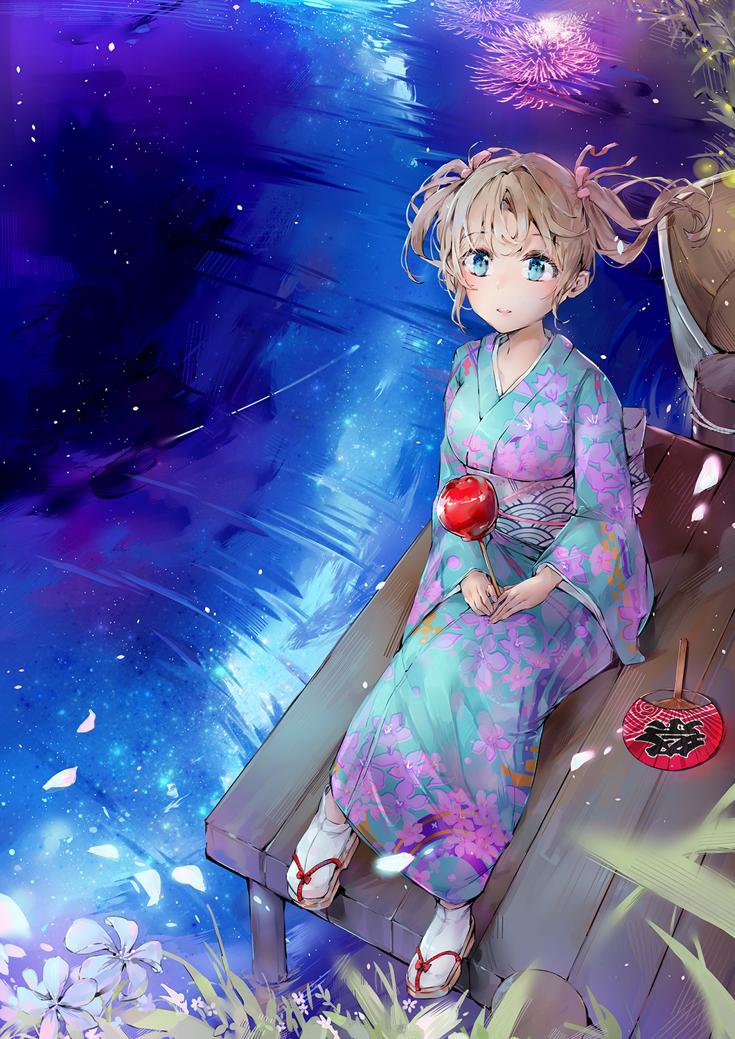 1girl aerial_fireworks bangs blue_eyes blue_kimono blush brown_footwear brown_hair candy_apple commentary_request daima_hmw eyebrows_visible_through_hair fan fireworks floral_print flower food hair_ribbon highres holding holding_food japanese_clothes kimono lake long_sleeves night obi original outdoors paper_fan parted_lips pier pink_ribbon print_kimono reflection reflective_water ribbon sash sitting sleeves_past_wrists socks solo tabi twintails uchiwa upper_teeth water white_flower white_legwear wide_sleeves yukata zouri