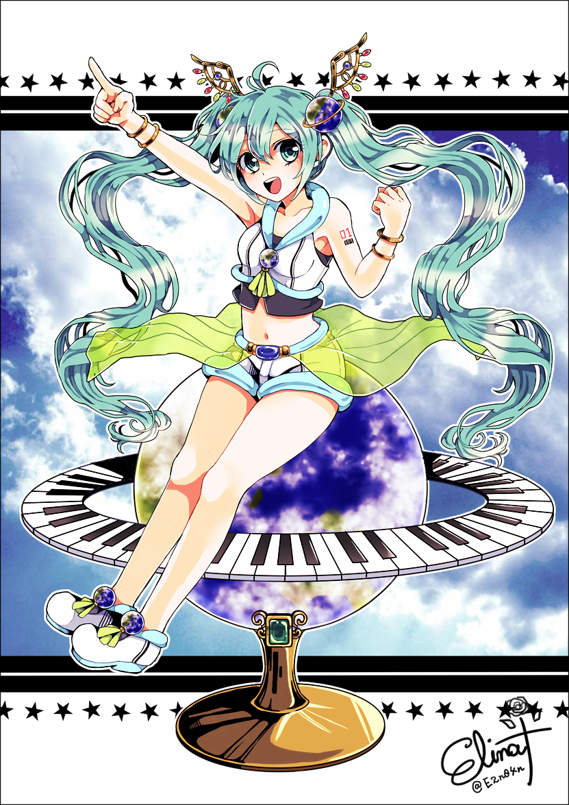 1girl arms_up artist_name blue_hair bracelet clouds cloudy_sky commentary_request earth green_eyes hair_between_eyes hatsune_miku head_wings jewelry midriff murasaki_daidai_etsuo navel piano_keys pointing shorts shoulder_tattoo sitting sky sleeveless sleeveless_jacket solo tattoo twintails twitter_username vocaloid white_footwear