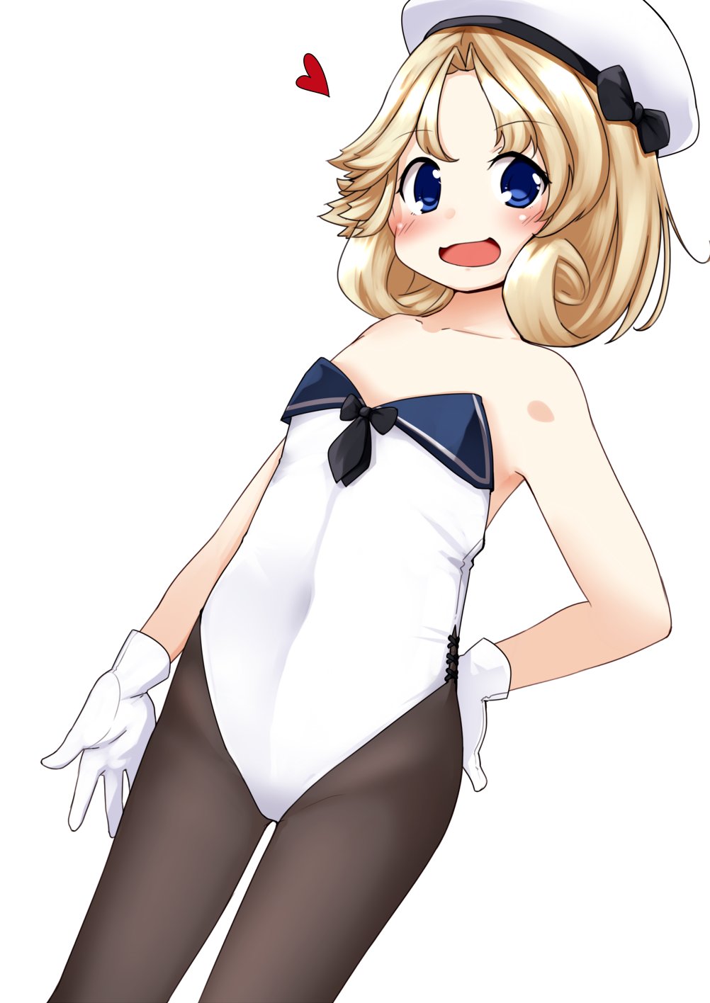 1girl alternate_costume bangs black_legwear blonde_hair blue_eyes blush eyebrows_visible_through_hair flat_chest gloves hand_on_hip hat heart highres janus_(kantai_collection) kantai_collection leotard nassukun pantyhose playboy_bunny_leotard short_hair simple_background solo strapless strapless_leotard white_background white_gloves white_headwear white_leotard