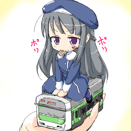 chibi eating hat kojima_tsuma long_hair lowres mouth_hold purple_eyes silver_hair sitting train uniform urara urara_(baby_princess) violet_eyes