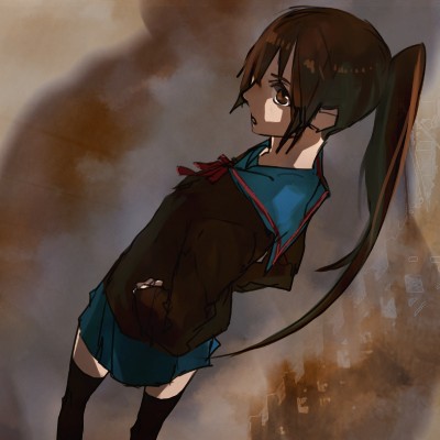 cardigan genderswap kyon kyonko lowres pen_kiro06 ponytail school_uniform solo suzumiya_haruhi_no_yuuutsu thighhighs