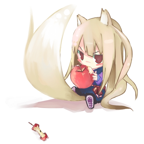 animal_ears apple apples chibi food fruit holding holding_fruit holo kanikama lowres red_eyes spice_and_wolf tail wolf_ears