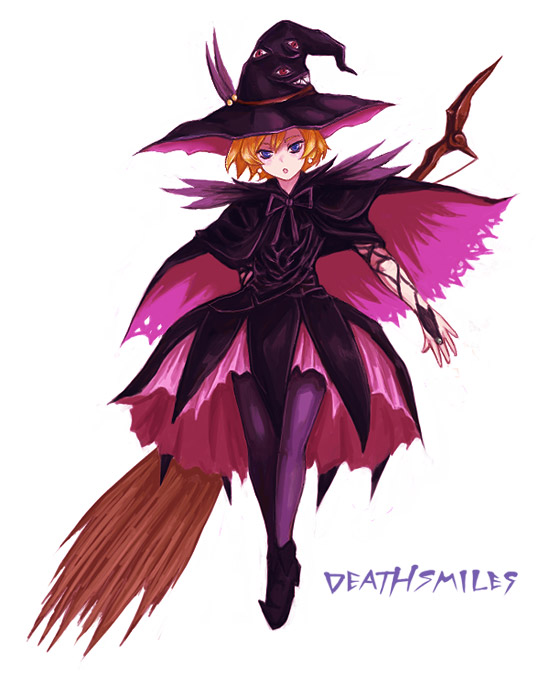 blue_eyes cape cave_(developer) deathsmiles earrings hat jewelry kara_(color) open_mouth pantyhose sakura_(deathsmiles) short_hair witch witch_hat