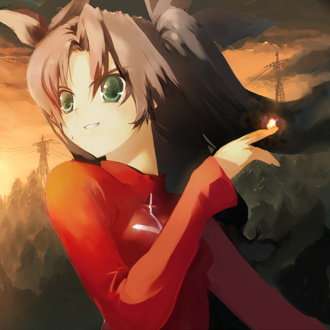 cloud fate/stay_night fate_(series) forest light nature power_lines sky smile sunset tohsaka_rin toosaka_rin tree
