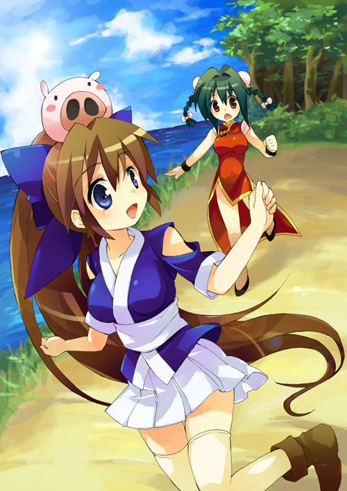 chasing china_dress chinadress chinese_clothes cloud clouds long_hair mei_mei mei_mei_(nagasarete_airantou) nagasarete_airantou object_on_head pig running sky suzu suzu_(nagasarete_airantou) tachitsu_teto tatetsu_teto thigh-highs thighhighs tonkatsu tonkatsu_(nagasarete_airantou) tree very_long_hair water