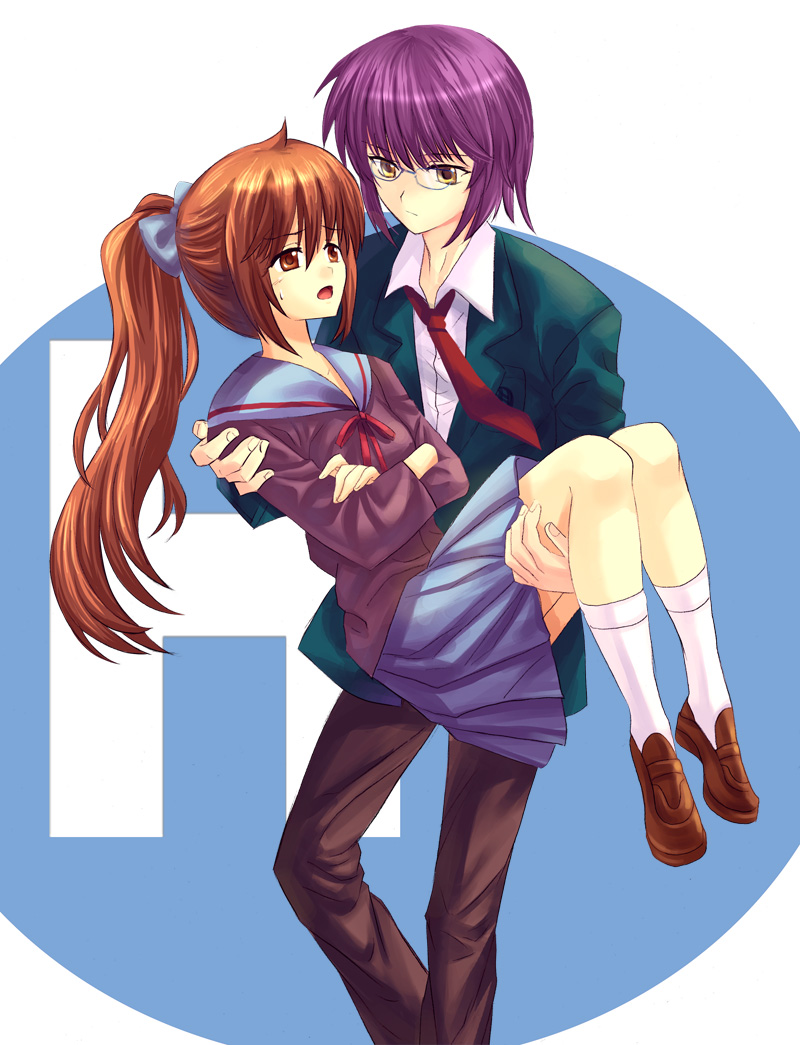 carry genderswap kyon kyonko mocha_(mocana) nagato_yuki nagato_yuuki ponytail princess_carry school_uniform suzumiya_haruhi_no_yuuutsu