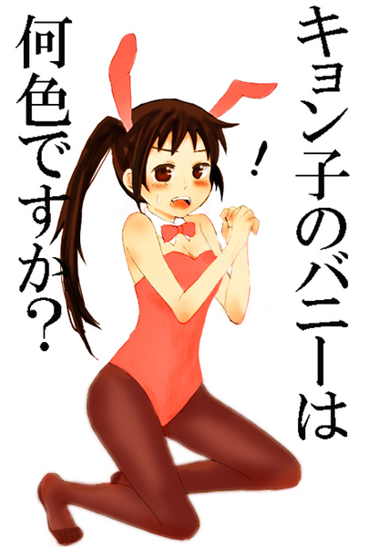 blush bunny_ears bunnysuit genderswap kyon kyonko pantyhose ponytail rabbit_ears solo suzumiya_haruhi_no_yuuutsu translated
