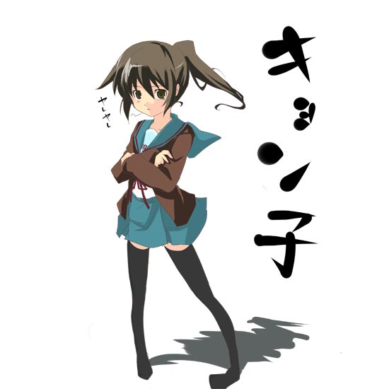 1girl cardigan genderswap gintarou_(kurousagi108) kyon kyonko ponytail school_uniform solo suzumiya_haruhi_no_yuuutsu thighhighs