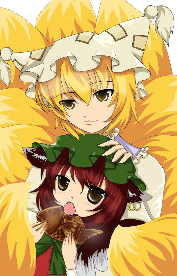 2girls animal_ears averted_eyes blonde_hair brown_eyes brown_hair cat_ears cat_tail chen earrings eating fang food fox_tail hand_on_another's_head hat hat_with_ears jewelry light_smile looking_at_viewer mob_cap multiple_girls multiple_tails open_mouth short_hair tail taiyaki tassel touhou wagashi yakumo_ran yellow_eyes yuichi_(kaitsuki)