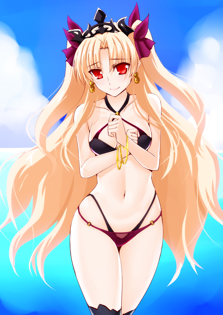 1girl bare_shoulders bikini black_bikini black_headwear black_legwear blonde_hair blue_sky bracelet breasts clouds collarbone commentary_request earrings engo_(aquawatery) ereshkigal_(fate/grand_order) fate/grand_order fate_(series) hair_ribbon jewelry kneehighs light_blush long_hair looking_at_viewer medium_breasts navel ocean purple_bikini purple_ribbon red_eyes ribbon sky smile solo swimsuit tiara two-tone_bikini two_side_up very_long_hair water