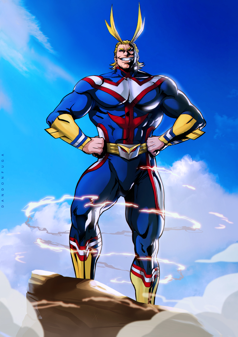 1boy all_might blonde_hair boku_no_hero_academia boots dandon_fuga male_focus muscle power_lines rock sky smile solo