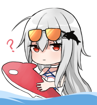 1girl ? arknights bangs chibi commentary eyewear_on_head hair_between_eyes hair_ornament holding inflatable_orca inflatable_toy long_hair looking_at_viewer lowres mango_(mgo) red_eyes silver_hair simple_background skadi_(arknights) solo sunglasses upper_body whale_hair_ornament white_background